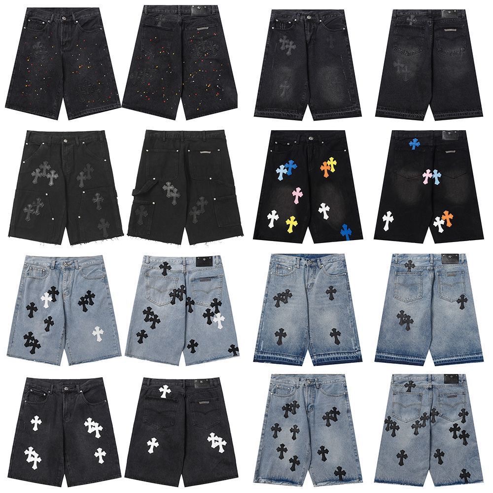 Chrome Hearts-inspired Denim Shorts with Cross Patch Embroidery