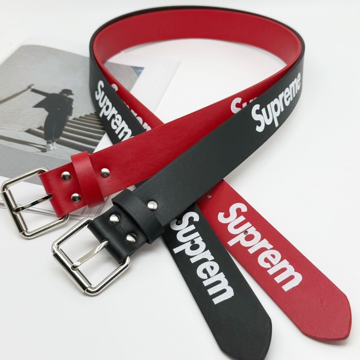 Supreme Cowhide Leather Belt Letter Print Metal Buckle Trendy High Street Unisex Belt Fashionable Versatile Red