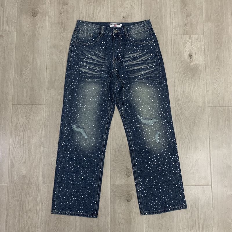 Valley Fashion Men's All-over Print Rhinestone Washed Distressed American Loose Straight Leg Long Pants Cross-border Jeans