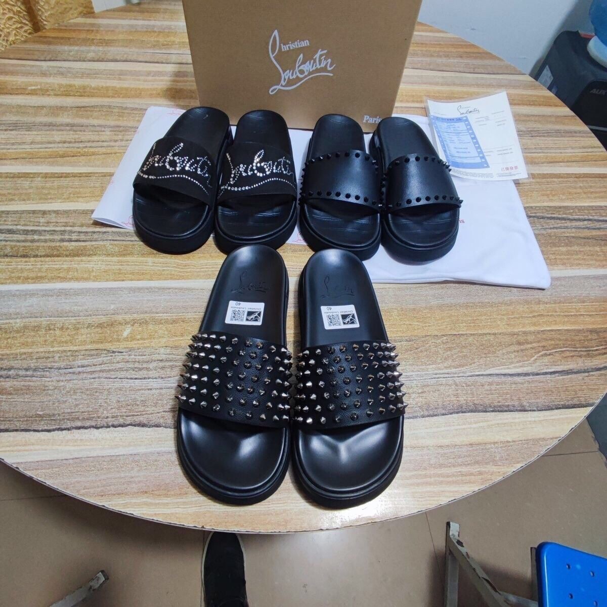 Christian Louboutin Spike Studded Black Leather Platform Slides