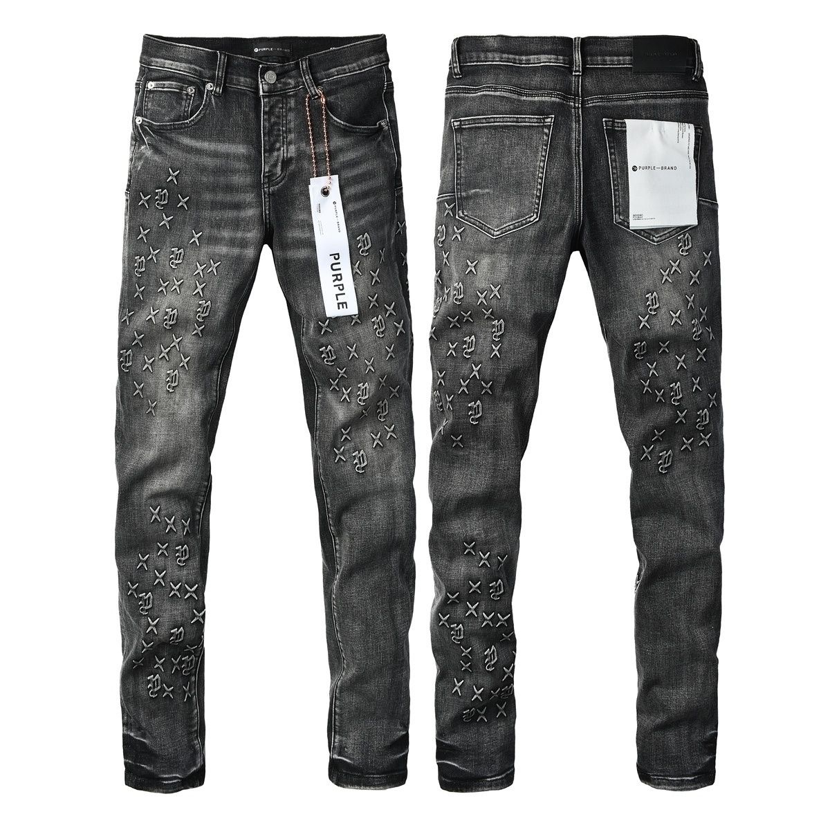 Purple American Style Black Embroidered Men Slim High Street Denim Pants
