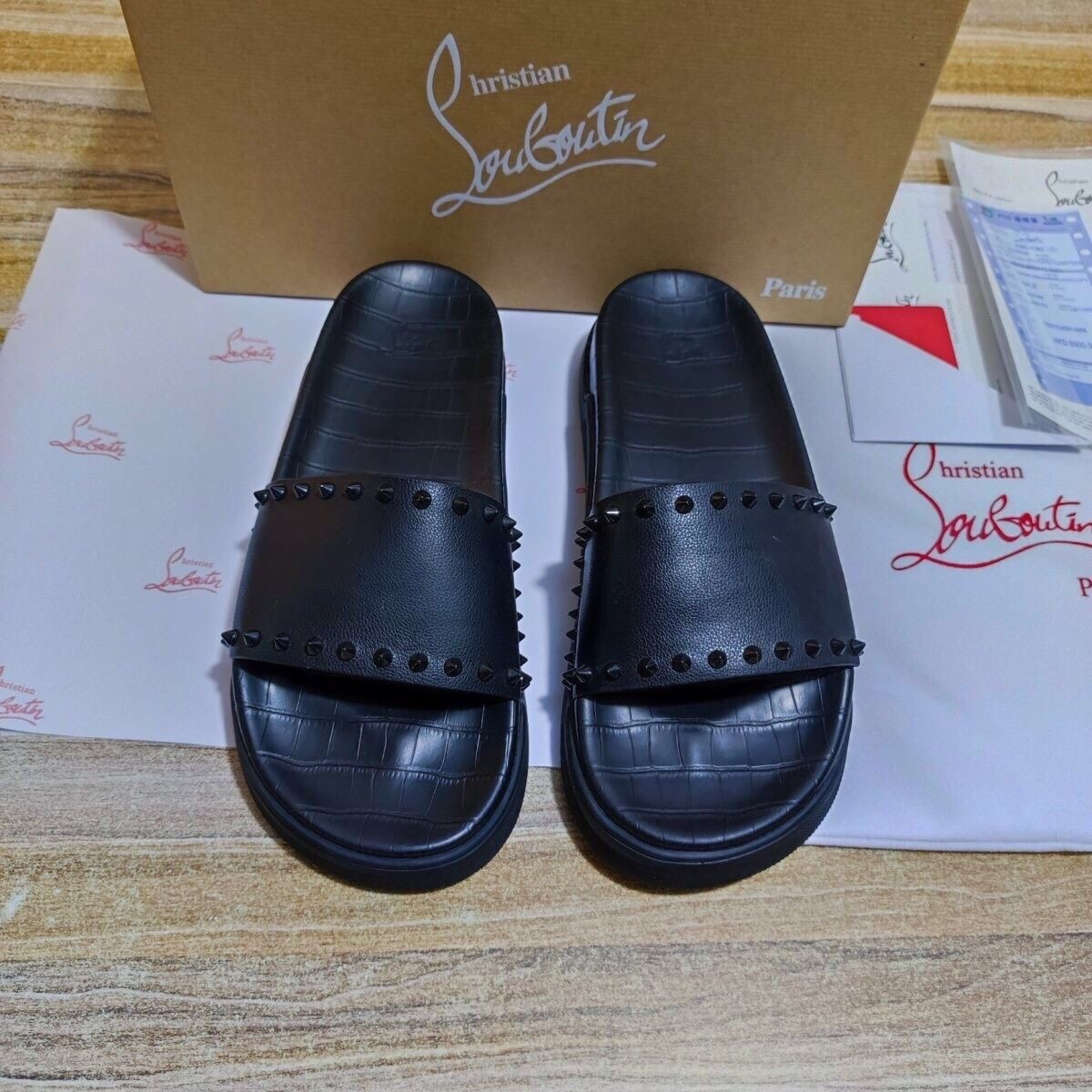 Christian Louboutin Spike Studded Black Leather Platform Slides