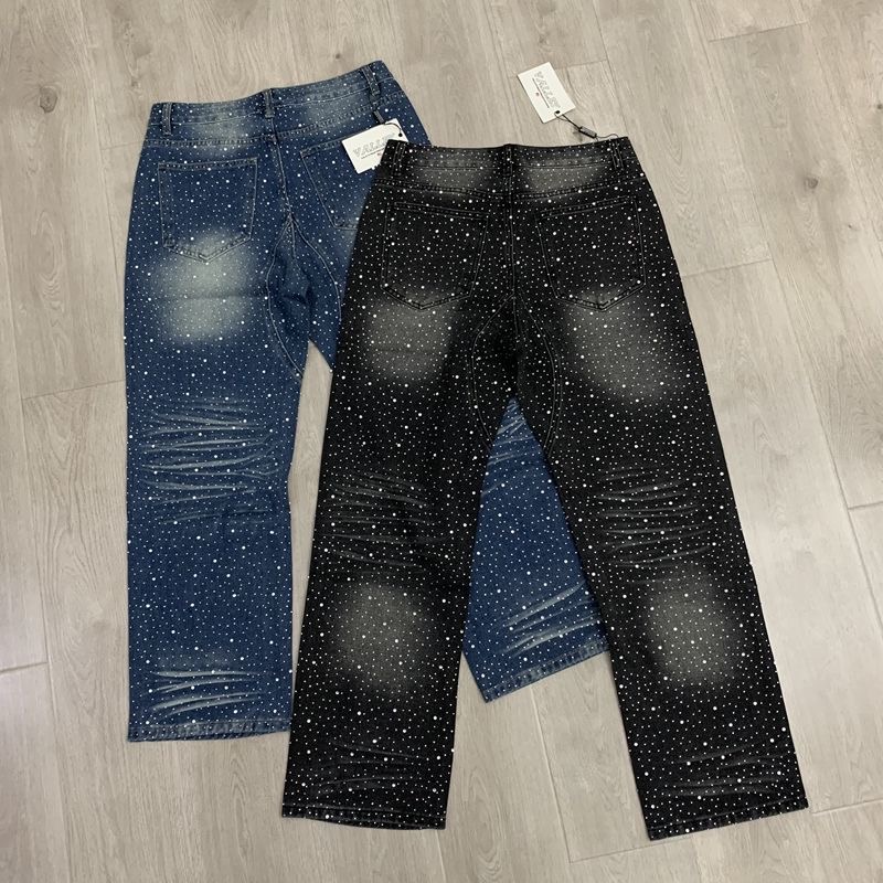 Valley Fashion Men's All-over Print Rhinestone Washed Distressed American Loose Straight Leg Long Pants Cross-border Jeans
