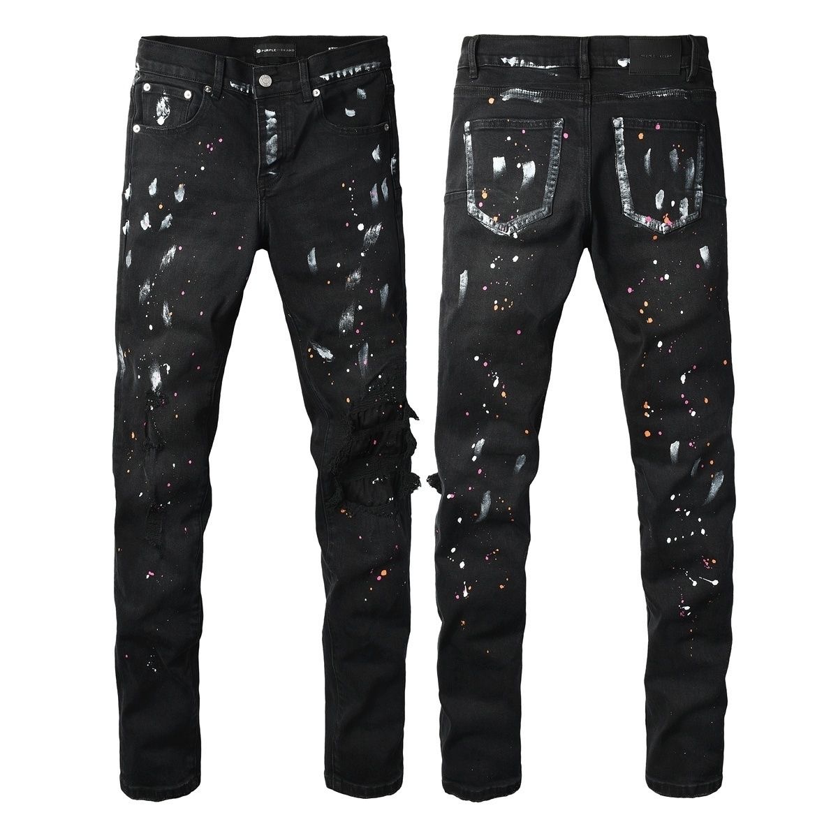 Purple Black Paint Splatter Distressed Slim Stretch Skinny Denim Pants American High Street