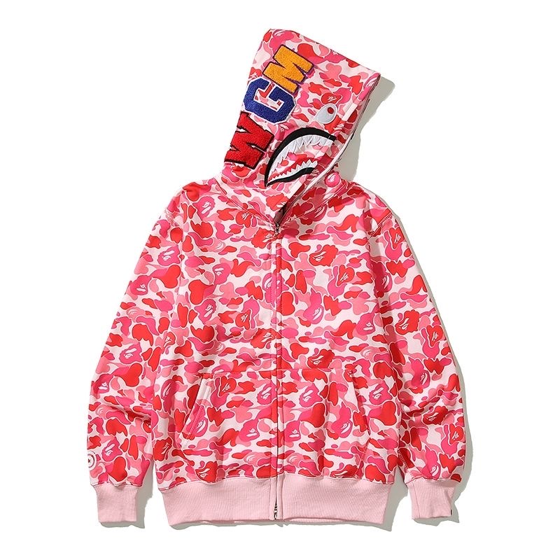 Single zippper shark face embroidery mini camo hoodie
