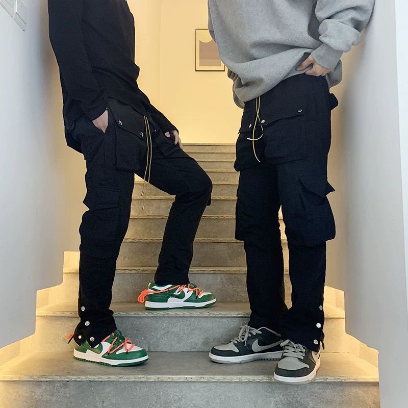 Multi pocket cargo breasted drawing straight barrel loose pant