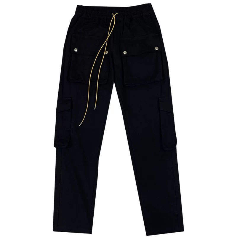 Multi pocket cargo breasted drawing straight barrel loose pant