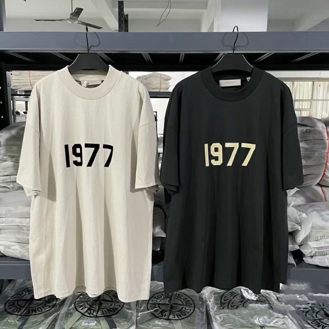 Niche fashion double line loose flock print round neck cotton tshirt