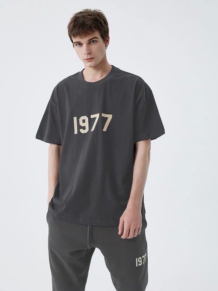 Niche fashion double line loose flock print round neck cotton tshirt
