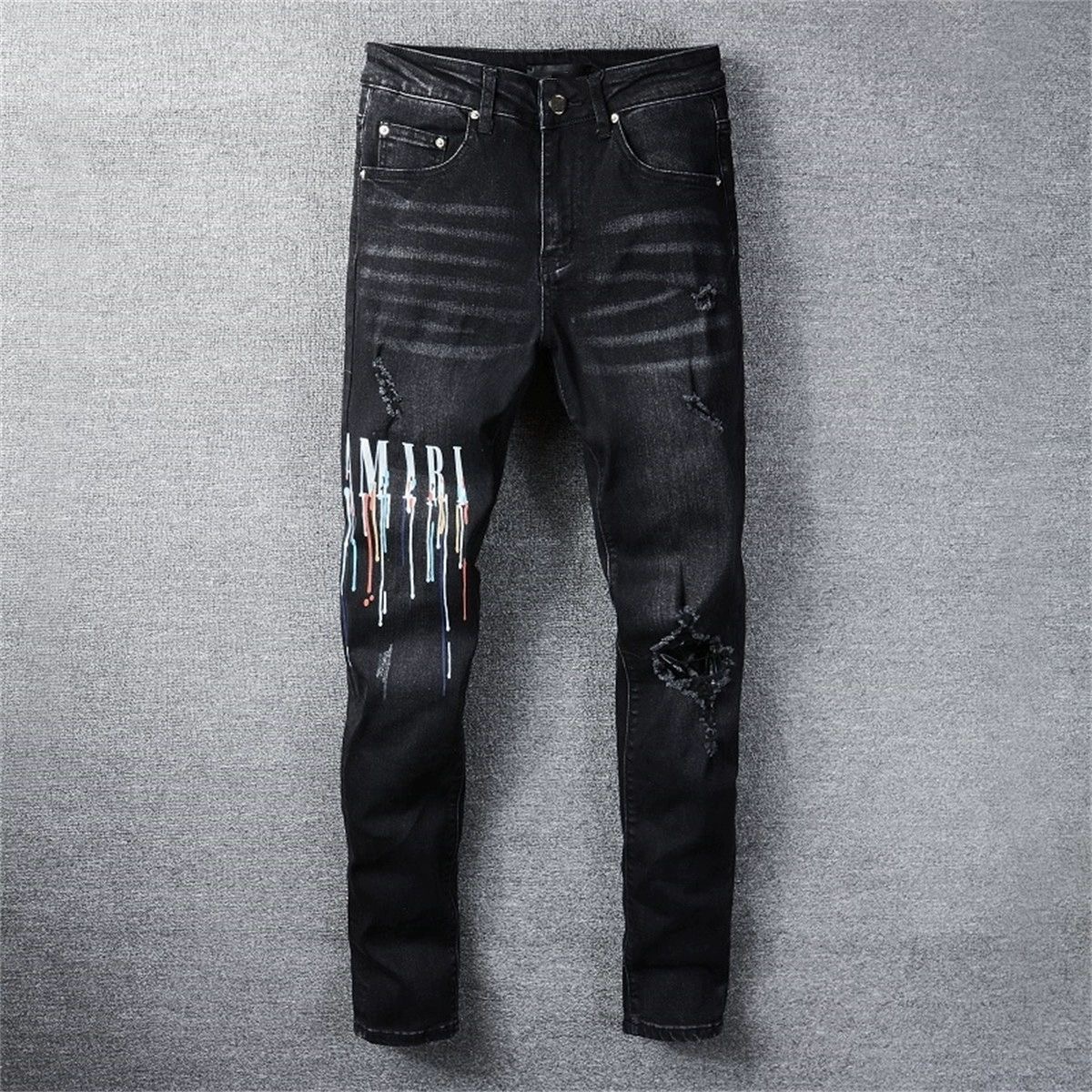 No. 830 Colorful Letters Ripped Jeans Black