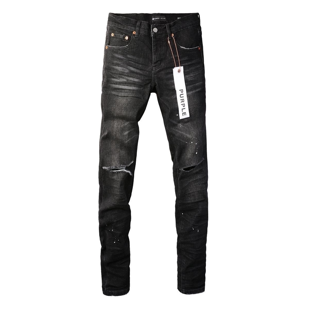 No. 9035 White Paint Spots Ripped Jeans Black