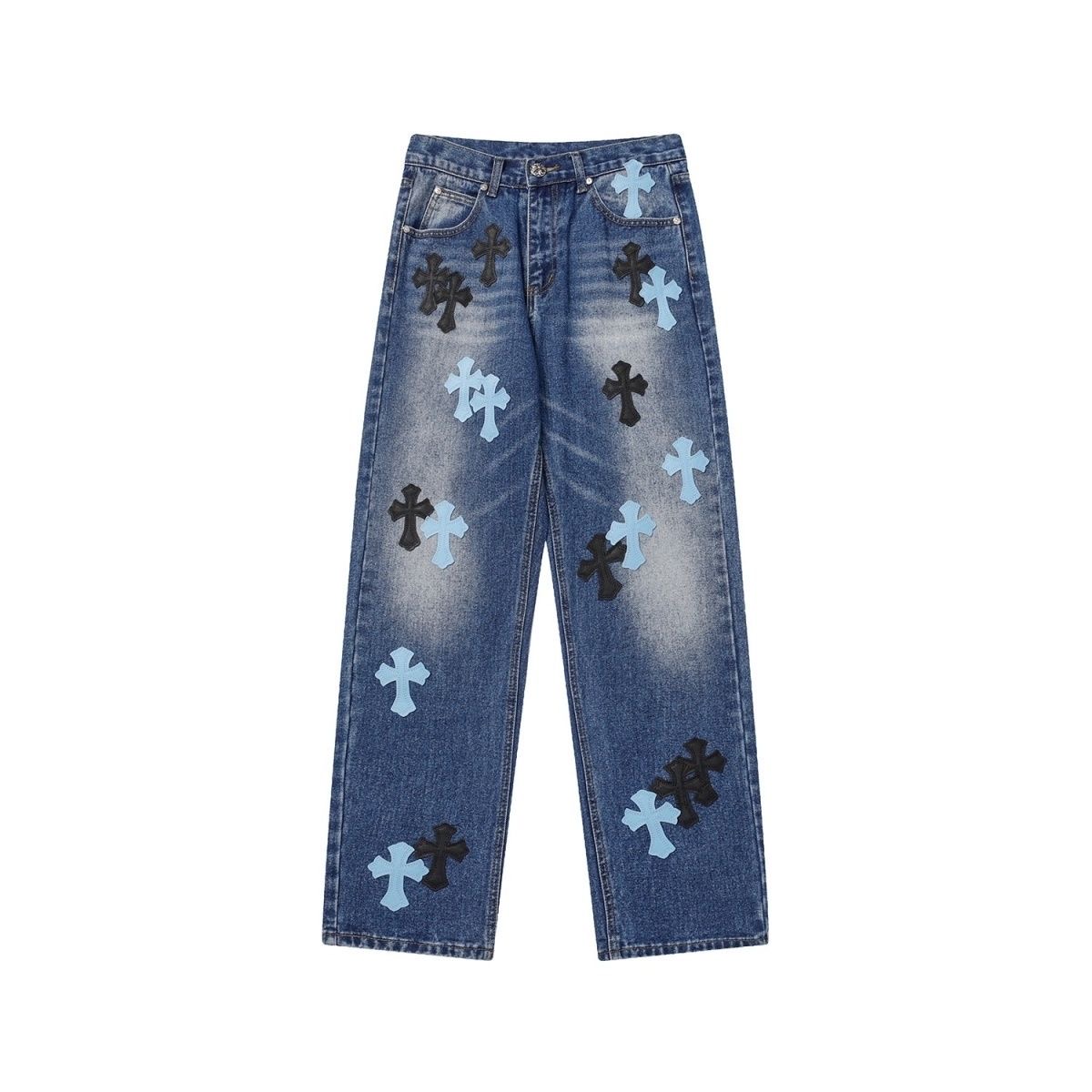 blue and black logo jeans