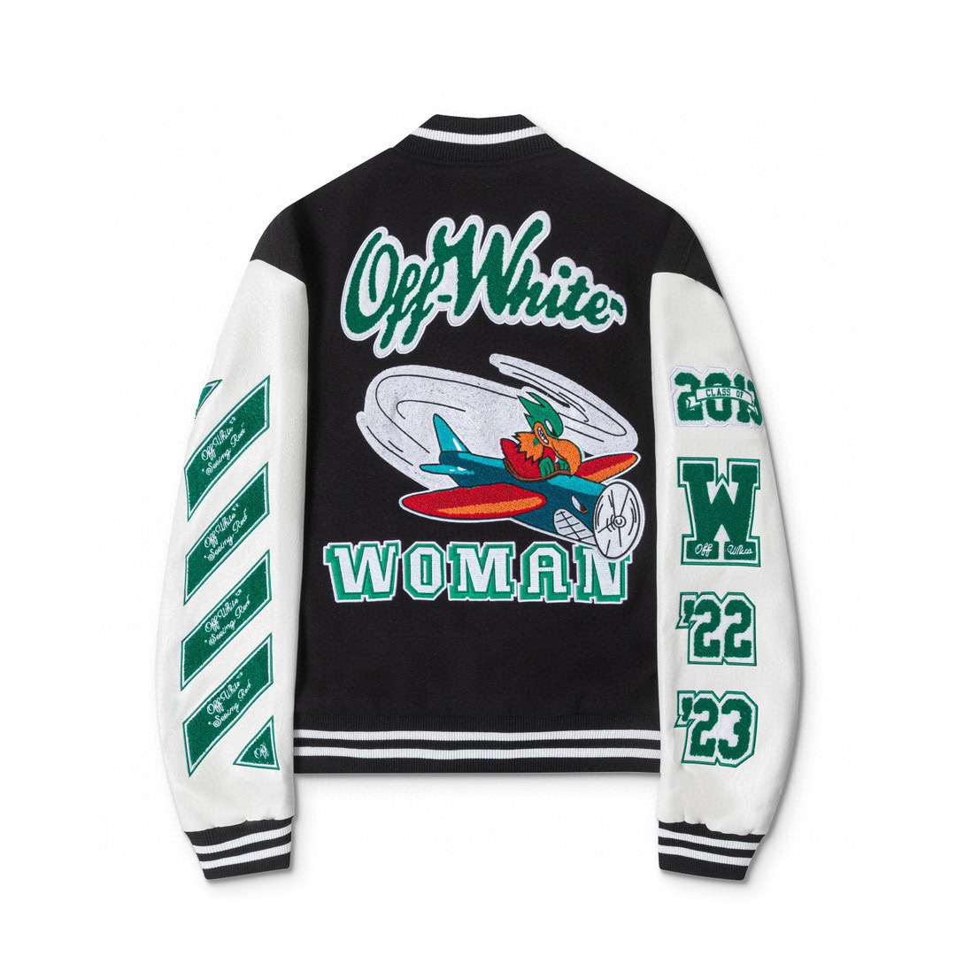 Off White Green Letters Plane Baseball Jacket