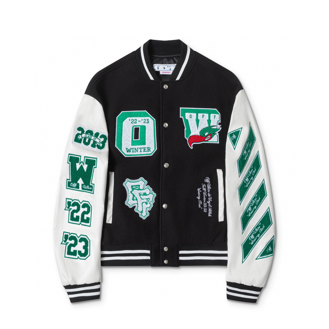 Off White Green Letters Plane Baseball Jacket