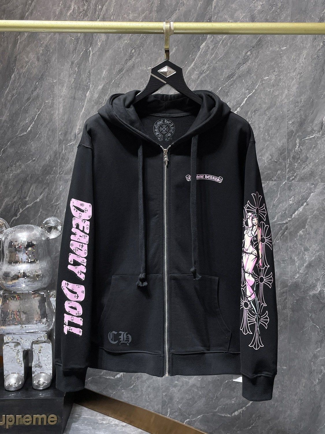 Chrome Heart Cross Sanskrit Letter Print Zipper Hoodie Loose Sweatshirt