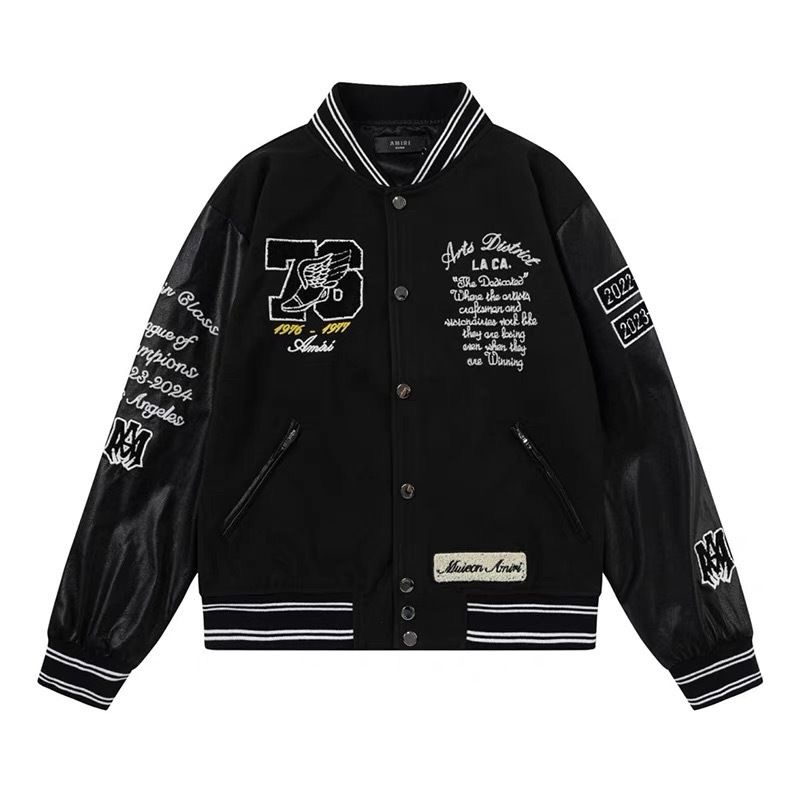 Amiri patchwork bomber jacket with bone embroidery and baseball jacket print