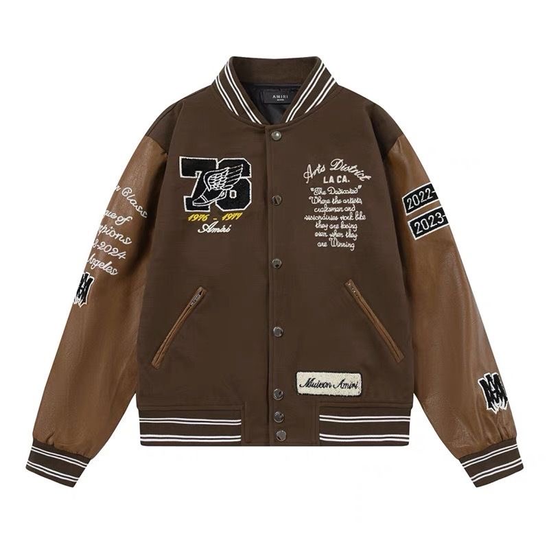 Amiri patchwork bomber jacket with bone embroidery and baseball jacket print