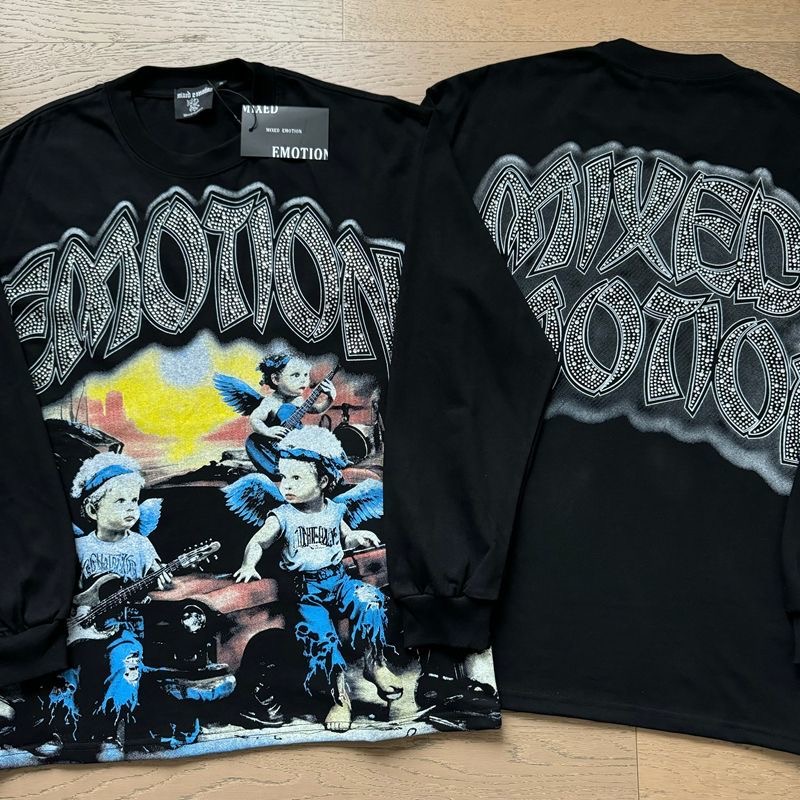 Mixed EMOTION Retro Hot Diamond Letter Graffiti Printed Long Sleeve T-shirt Long T